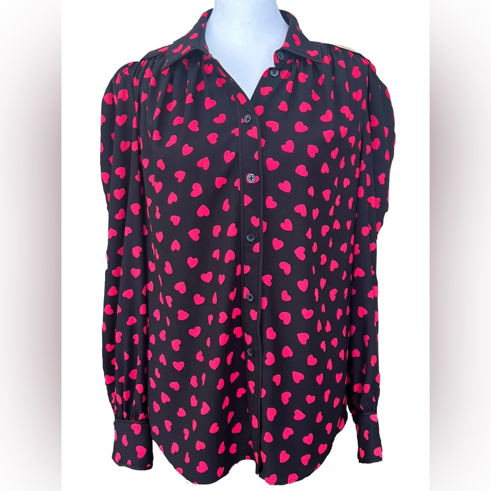 Kate Spade Button up Blouse Black with pink Hearts Size Medium